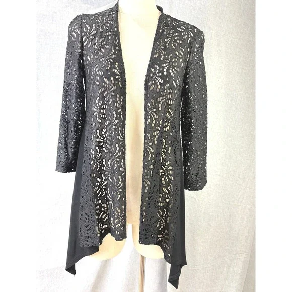 Travelers Collection by Chico's Black Lace Open Cardigan Dramatic Layering S/M - Picture 1 of 7